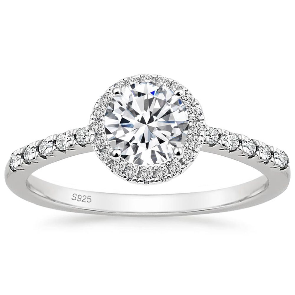 Ringsmaker 1.25Ct 925 Sterling Silver Rings Round Halo CZ Women Cubic Zirconia Engagement Bands