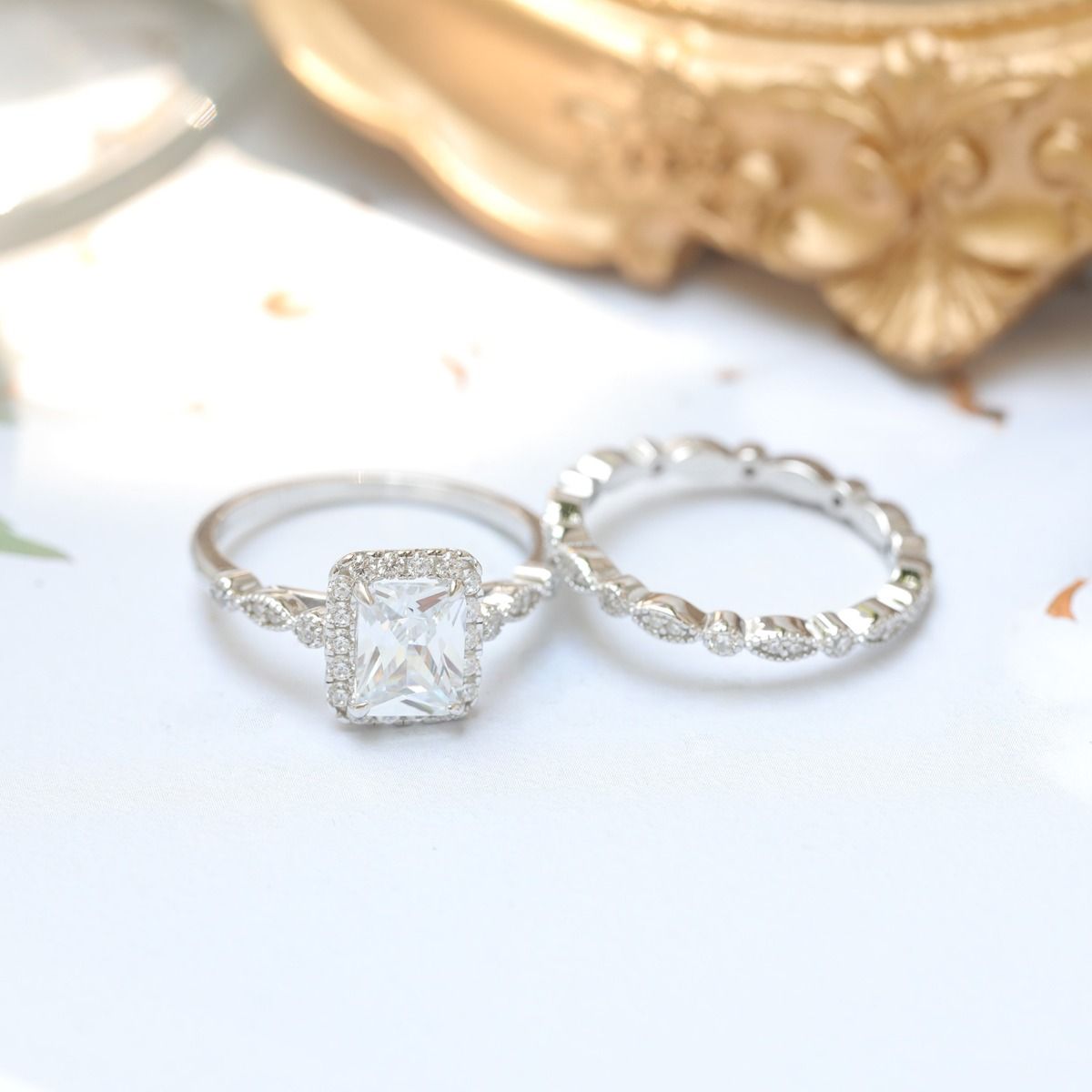 Ringsmaker 2Ct 925 Sterling Silver Bridal Ring Sets Emerald Cut CZ Women Vintage Engagement Wedding Bands