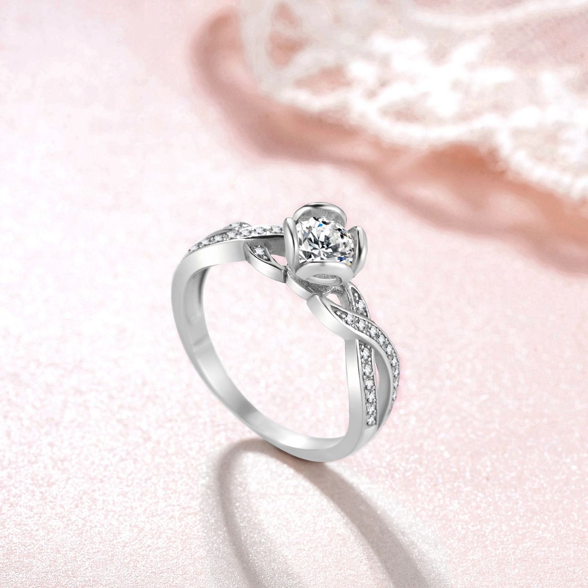 Ringsmaker 925 Sterling Silver Ring Women 1 Carat CZ Round Ring Flower Twist Engagement Ring