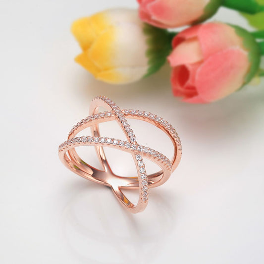 Ringsmaker Rose Gold 925 Sterling Silver Ring Women X Shape Cross Cubic Zircon Wedding Bands